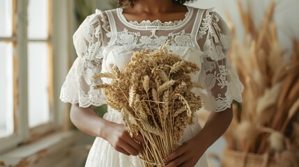 Portrait of a Maiden Holding a Sheaf of Wheat - Harvest of Wisdom,Soft Muted Lighting
