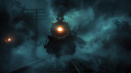 A haunting journey through the night with a ghostly train emerging from the fog very detailed and realistic shape
