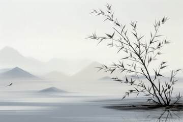 Obraz premium Minimalist ink painting of bamboo and mountains