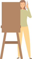 Young woman artist holding pencil standing next to easel with canvas