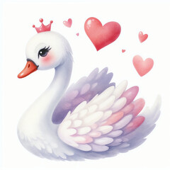 Obraz premium Cute cartoon swan with heart on white background.AI