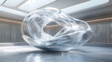 A dynamic 3D visualization hovers in a minimalist space, its intricate, rotating design showcasing advanced technology in a clean, uncluttered environment.