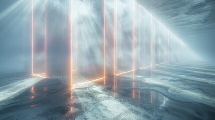 Soft, virtual light beams intersect in a minimalist environment, creating a delicate, futuristic pattern that adds depth and intrigue to the scene.