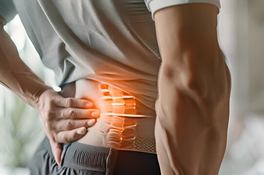 A person holds their lower back in pain.