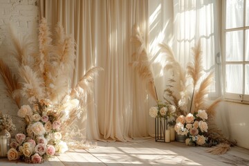 beautiful boho & Beige wedding backdrop with large pampas grass, roses and peonies in vases on the floor, delicate beige curtains, sunlight from window, professional photography, high resolution 