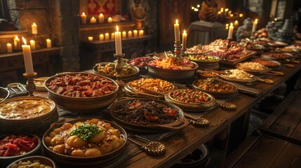 Fototapeta premium A lavish spread of medieval dishes on a long wooden table, surrounded by ornate tapestries and flickering candlelight, creating a rustic and regal atmosphere.