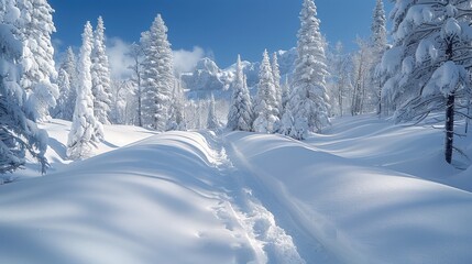 Fototapeta premium A serene snowy forest with towering pine trees, a blanket of fresh snow, and a quiet, peaceful atmosphere.
