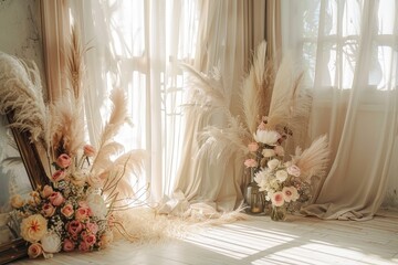 beautiful boho & Beige wedding backdrop with large pampas grass, roses and peonies in vases on the floor, delicate beige curtains, sunlight from window, professional photography, high resolution 