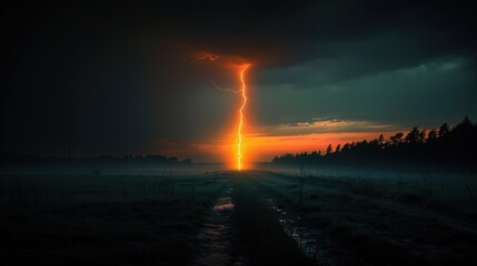 A single lightning bolt pierces a dark sky, the moment frozen in a striking and minimalistic image.