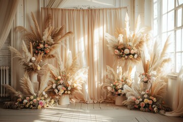 beautiful boho & Beige wedding backdrop with large pampas grass, roses and peonies in vases on the floor, delicate beige curtains, sunlight from window, professional photography, high resolution 