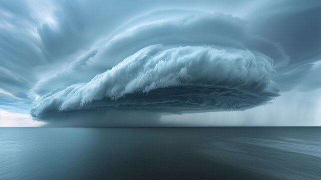 A dramatic shelf cloud rolls across the horizon, its imposing presence captured in a stark, minimalistic sky.