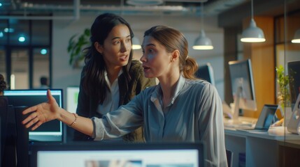 In a well-lit office space, a female manager gestures towards a computer screen, explaining a concept to a younger colleague. The emphasis on technology and active communication highlights modern