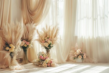 beautiful boho & Beige wedding backdrop with large pampas grass, roses and peonies in vases on the floor, delicate beige curtains, sunlight from window, professional photography, high resolution 