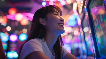 Fototapeta premium Asian woman is sitting at a slot machine in a brightly lit casino smiling broadly as she presses the bet button