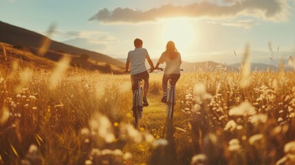 A happy young couple is riding bicycles together in the picturesque countryside enjoying nature and fitness