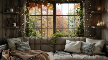 A cozy living room with Window, Fall Season, Autumn 