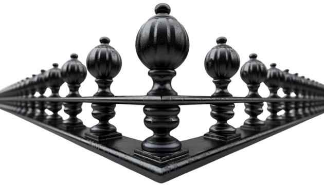 Close-up of symmetrical black chess pawns forming a geometric pattern, symbolizing strategy and precision in a game setting.