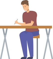 Young man is concentrating while working at his desk, writing in a notebook with a pencil