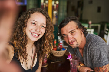 Travel, selfie and couple with memory for social media post, photograph or summer vacation. Restaurant, smile and happy woman with man taking picture for love, romantic date or holiday in Bali