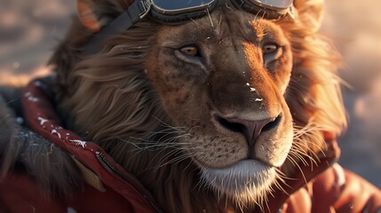 A lion wearing the winter coat and wearing the goggles close up very detailed and realistic shape