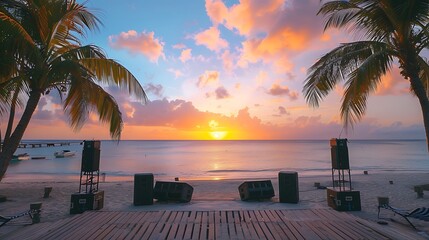 A serene early morning scene on a Caribbean beach with an empty stage set up for a World Steelpan Day performance. The backdrop includes the rising sun, palm trees, and calm ocean waves, evoking a - Powered by Adobe