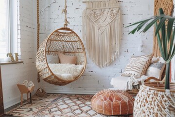 bohemian interior design style- reading nook with a hanging rattan chair, cozy floor pouf, and a macrame wall hanging