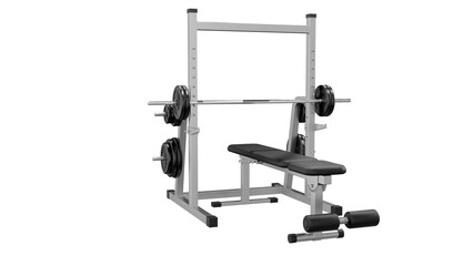 Side view of Workout weight bench with dumbbells shot , 3d render