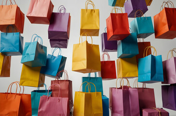 Colorful shopping bags floating in the air, symbolizing online shopping, retail therapy, and sales, discount, promotion excitement on a white background.