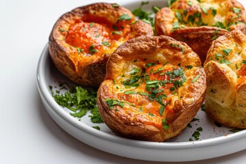 Delicious cheese and herb popovers with tangy tomato dip and fresh greens