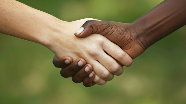 A close-up of hands, one light-skinned and one dark-skinned, clasped together in a gesture of unity.
