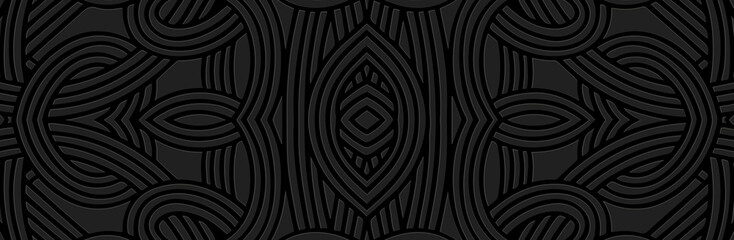 Banner, unique cover design. Relief geometric ethnic 3D pattern on a black background. Abstraction from lines. Ornaments, handmade. Motifs of the East, Asia, India, Mexico, Aztec, Peru.