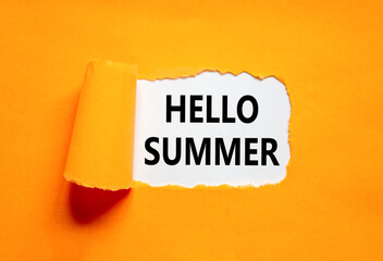 Hello summer symbol. Concept words Hello summer on beautiful white paper. Beautiful orange paper background. Business lifestyle Hello summer concept. Copy space.