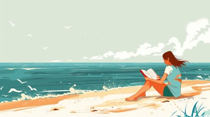 A girl sitting on the seashore with a book
