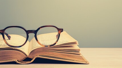  Open book with eyeglasses resting on top, set against a minimalistic background.