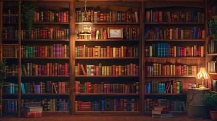  Shelves full of colorful books in a home library, creating a cozy and intellectual atmosphere.