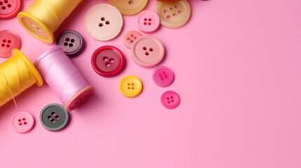 Colorful buttons and thread spools lying on pink background