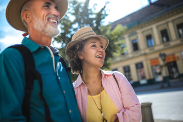 Obraz premium Elderly married couple exploring new city. They are wearing hats and backpacks.