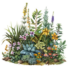 Fototapeta premium A beautiful variety of colorful wildflowers and lush greenery, showcasing the diversity and vibrancy of nature's flora.