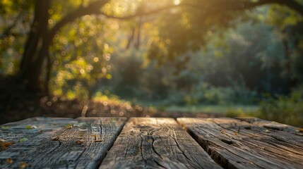 Rustic wooden table in forest setting. Empty wooden table with blurred background of sunlit forest, ideal for product placement or nature-themed designs.