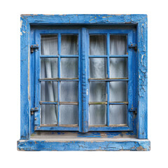 Obraz premium Old rustic blue window with peeling paint, showcasing vintage charm and weathered character in a simple design.