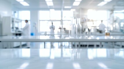 Modern laboratory background with empty table. Blurred lab interior with scientists working in background, providing clean space for product placement.