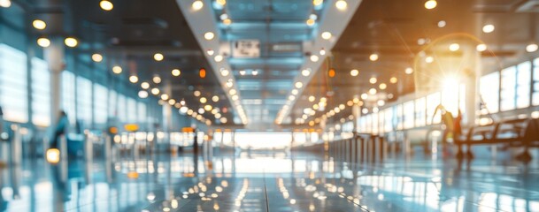 Blurred airport terminal background. Busy airport terminal with blurred travelers and sunlight, ideal background image for travel and transportation themes.