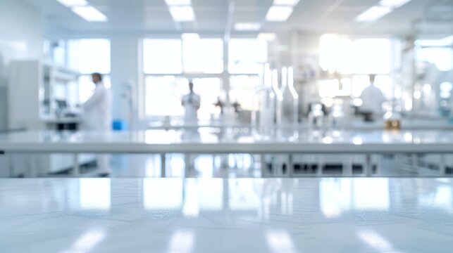 Modern laboratory background with empty table. Blurred lab interior with scientists working in background, providing clean space for product placement.