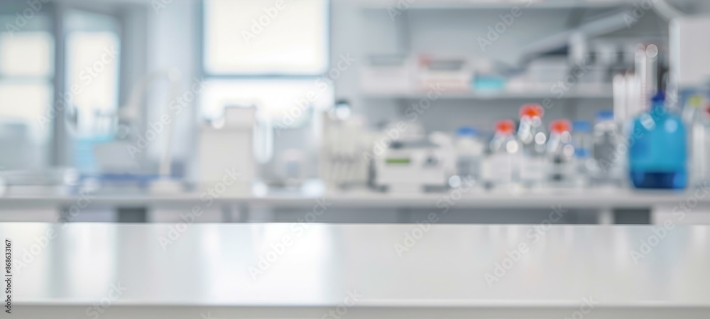 Wall mural modern laboratory background with empty table. blurred lab interior with empty white table for produ