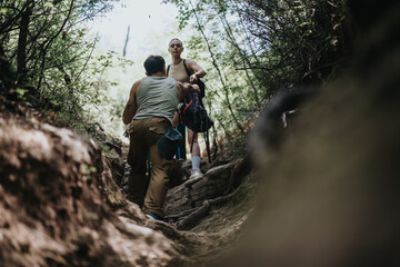 Two friends hiking on a forest trail, enjoying an adventurous and healthy lifestyle on a sunny summer day