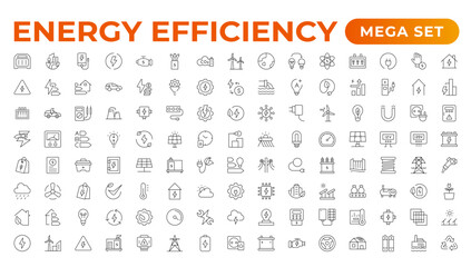 "Energy efficiency icon set. Calculator, energy-saving light bulb, piggy bank, solar panel, circular economy, battery, home insulation, energy class vector illustration.