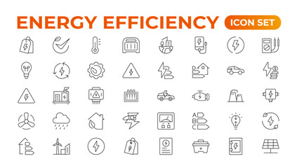 "Energy efficiency icon set. Calculator, energy-saving light bulb, piggy bank, solar panel, circular economy, battery, home insulation, energy class vector illustration.