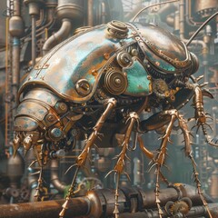 Steampunk Cockroach: Metal-Armored Insect Exploring a Gear-Filled World of Bronze and Copper with Intricate Detail
