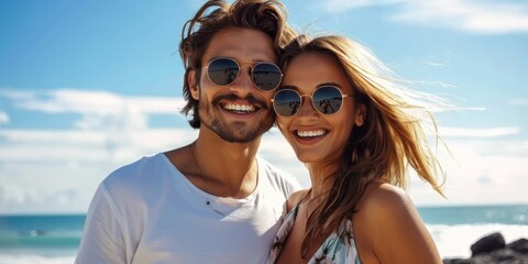 Fototapeta premium Portrait of a man and a woman hugging and walking along the seashore. Loving couple in love enjoying during summer vacation.