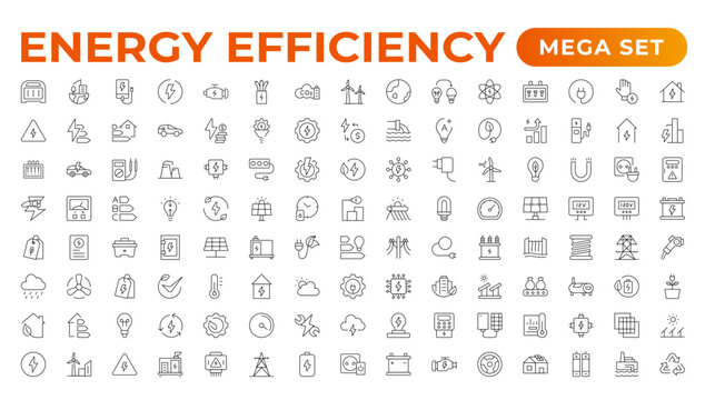 "Energy efficiency icon set. Calculator, energy-saving light bulb, piggy bank, solar panel, circular economy, battery, home insulation, energy class vector illustration.